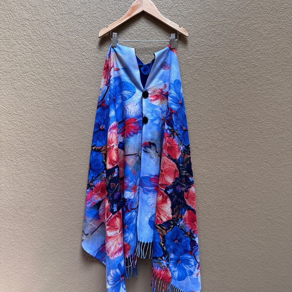 Floral Blue and Pink Shawl Scarf Cape with buttons